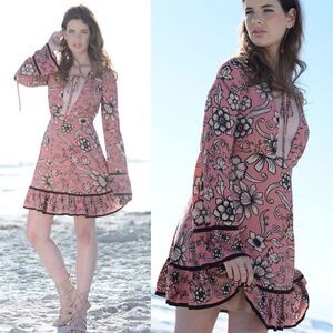 For Love & Lemons Mini Dress Ayla Floral Bell Sleeve Plunge Neckline Cottage XS